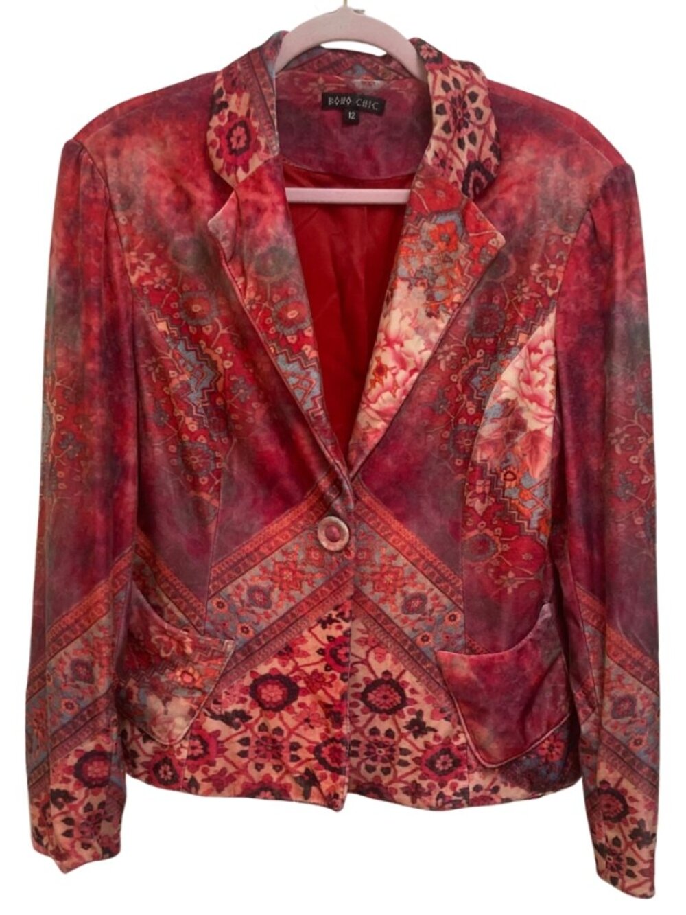 BOHO Chic Bold Pink and Red Paisley One Button Jacket with Patch Pockets Size 12